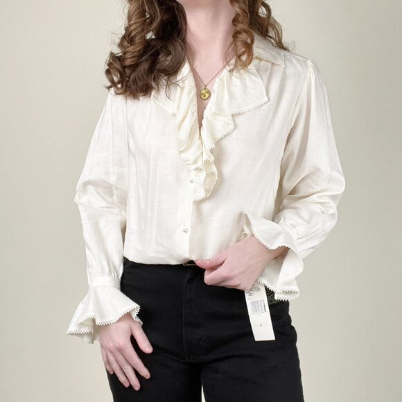 Vintage Tops - Vintage 100% Linen Ruffle Lace Cottagecore Whimsigoth Victorian Shirt Blouse Top